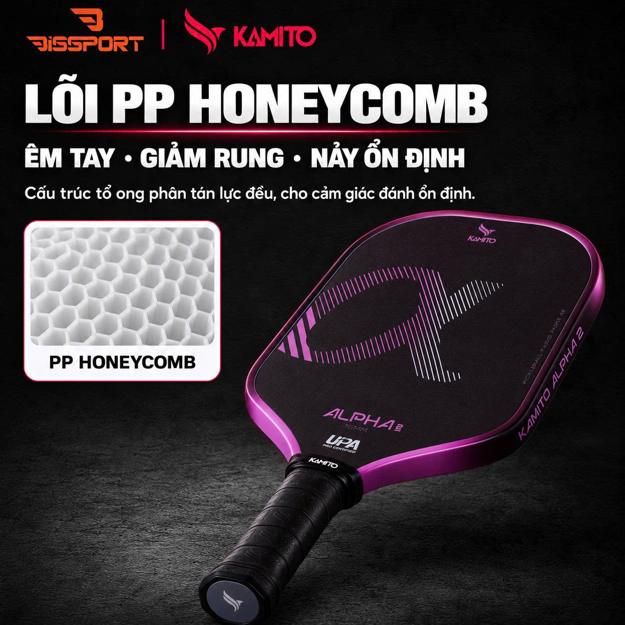 Vợt Pickleball Kamito Alpha 2 Hồng Chính Hãng - Nhẹ Tay - Kiểm Soát Đường Bóng - Mặt Carbon Fiber Nhám